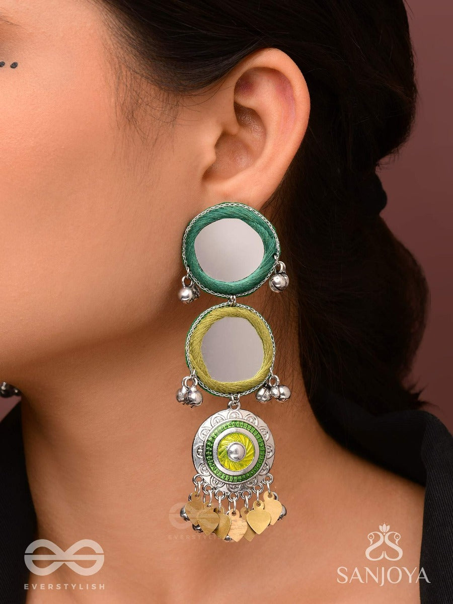 Abhatih - The Dancing Reflections - Mirrors, Resham And Beads Hand Embroidered Enamelled Oxidised Earrings