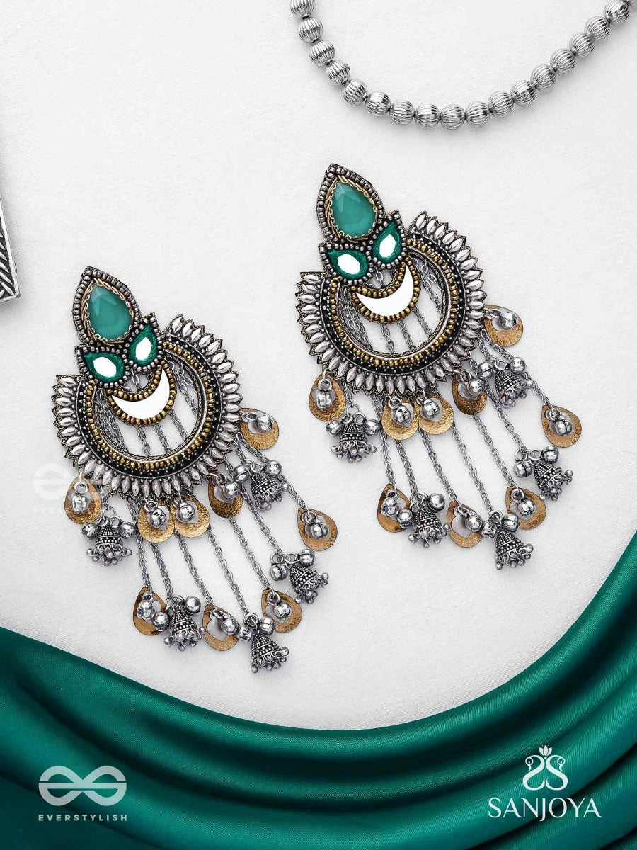Ashtri - Deep In The Woods - Stone, Mirrors And Beads Hand Embroidered Oxidised Earrings