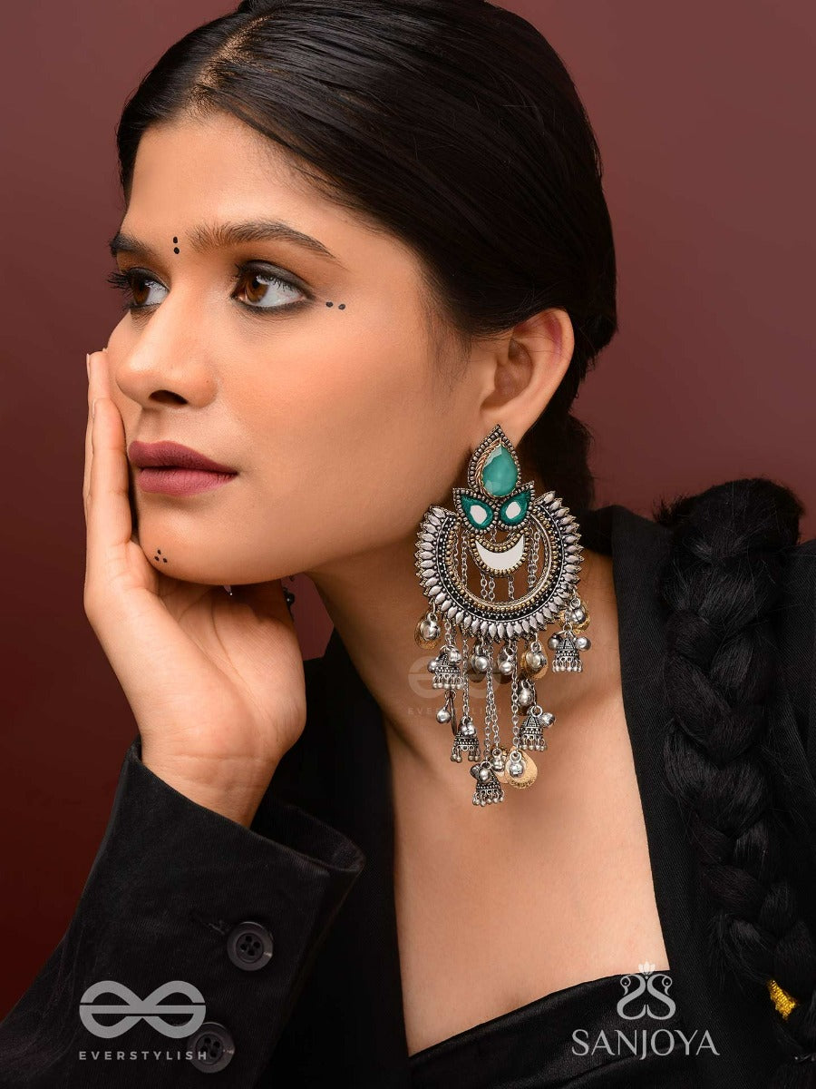 Ashtri - Deep In The Woods - Stone, Mirrors And Beads Hand Embroidered Oxidised Earrings