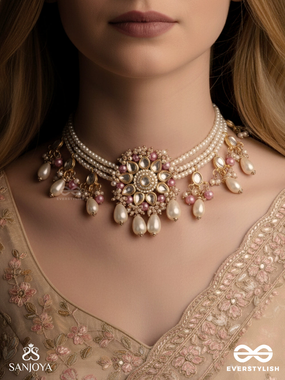 Dyulok - The Heavenly Charm - Beads, Pearl Drops, Polki And Kundan Finished Hand Embroidered Neckpiece