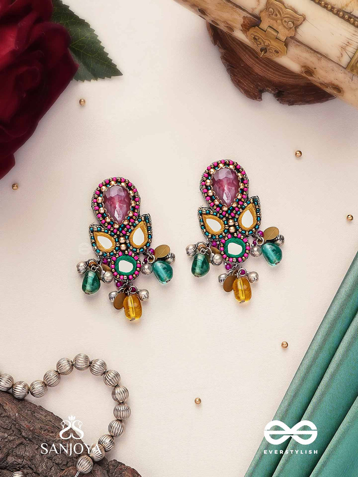 Guhyani - The Mysterious Hues - Stone, Mirrors And Glass Drops Hand Embroidered Earrings