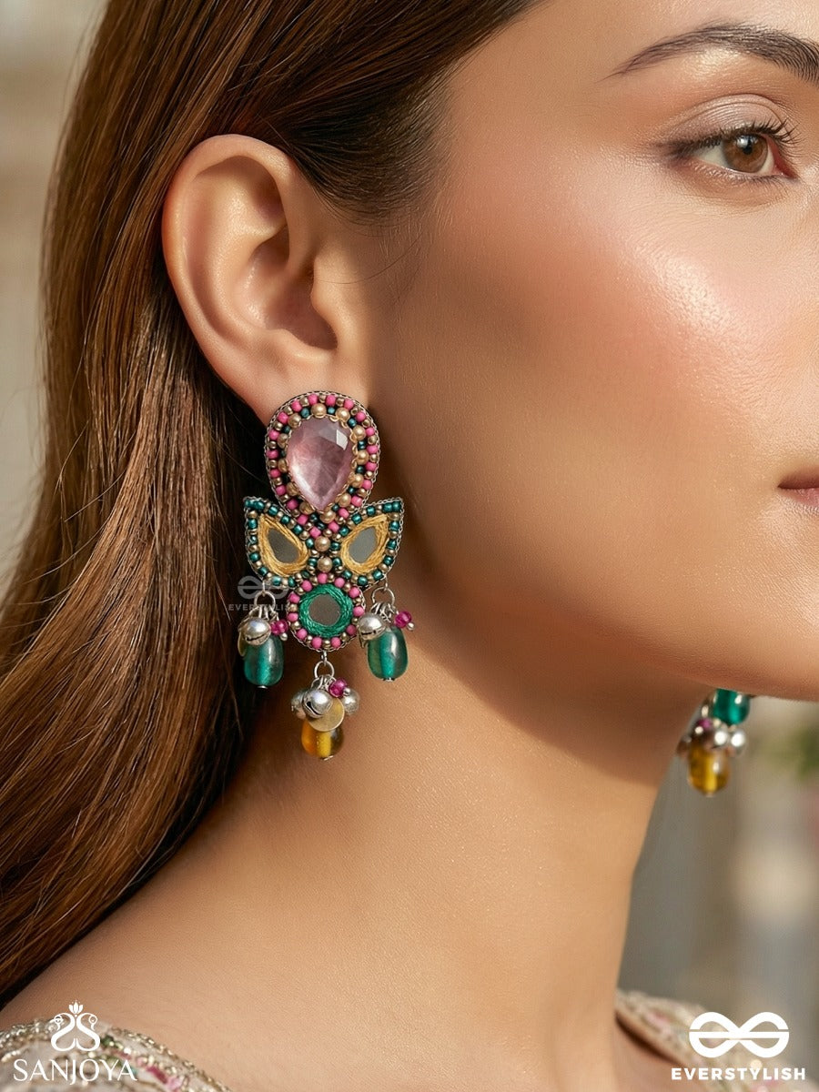 Guhyani - The Mysterious Hues - Stone, Mirrors And Glass Drops Hand Embroidered Earrings