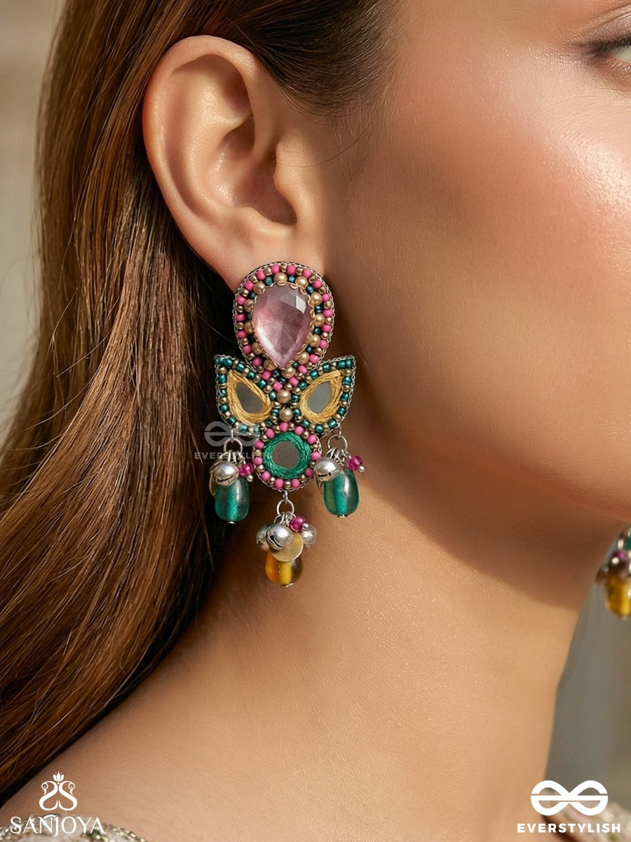 Guhyani - The Mysterious Hues - Stone, Mirrors And Glass Drops Hand Embroidered Earrings