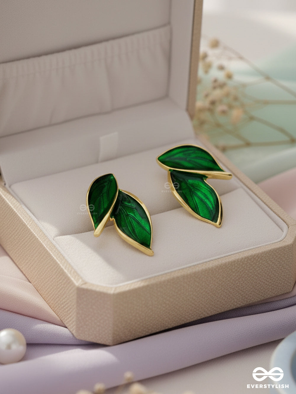 Petals Panache - Golden Enamelled Earrings (Green)