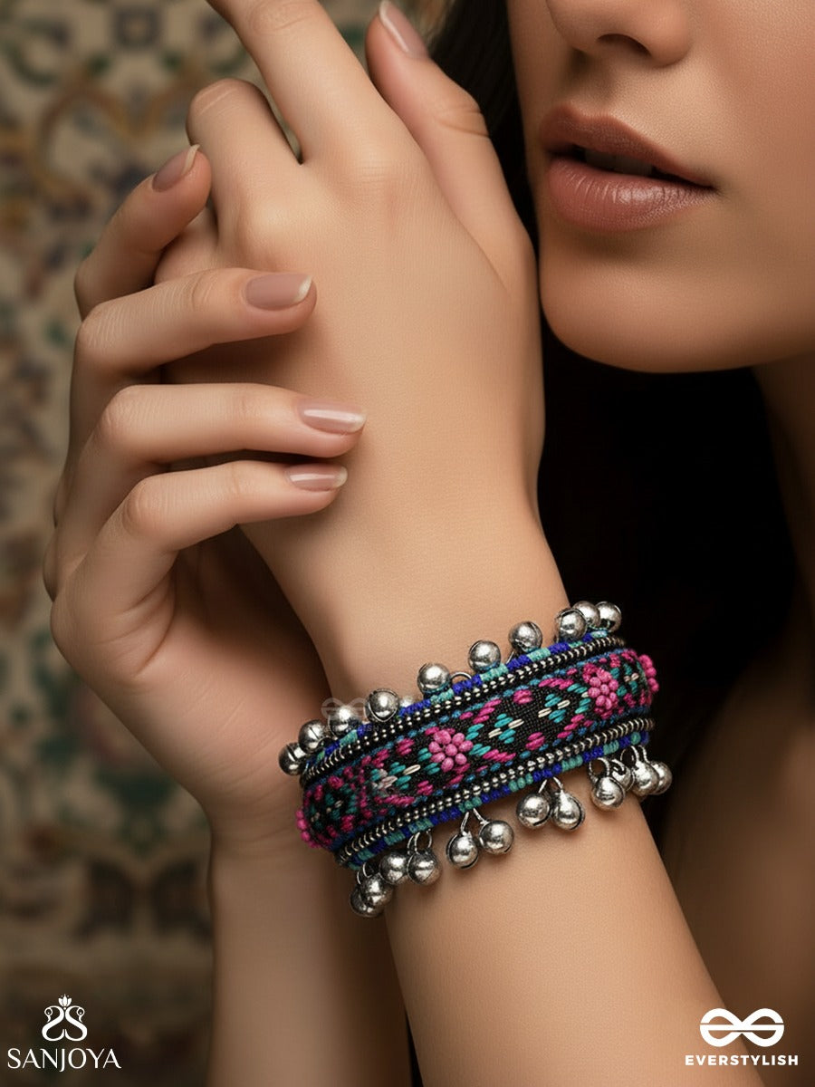 Ragapushpi - The Rosy Night - Resham And Beads Hand Embroidered Oxidised Cuff Bracelet