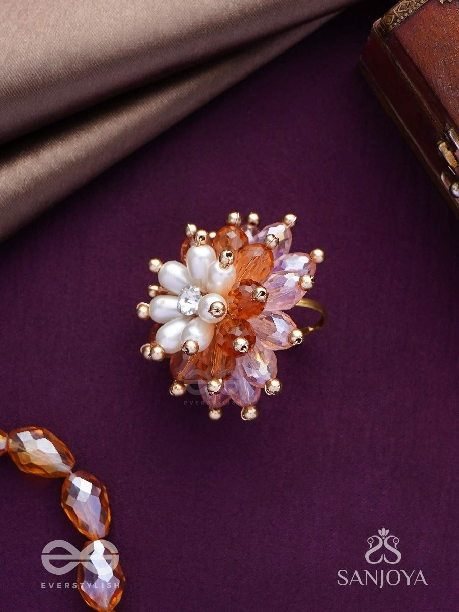 Sharadgat - The Autumn Magic - Beads, Pearl And Glass Drops Hand Embroidered Ring (Adjustable)