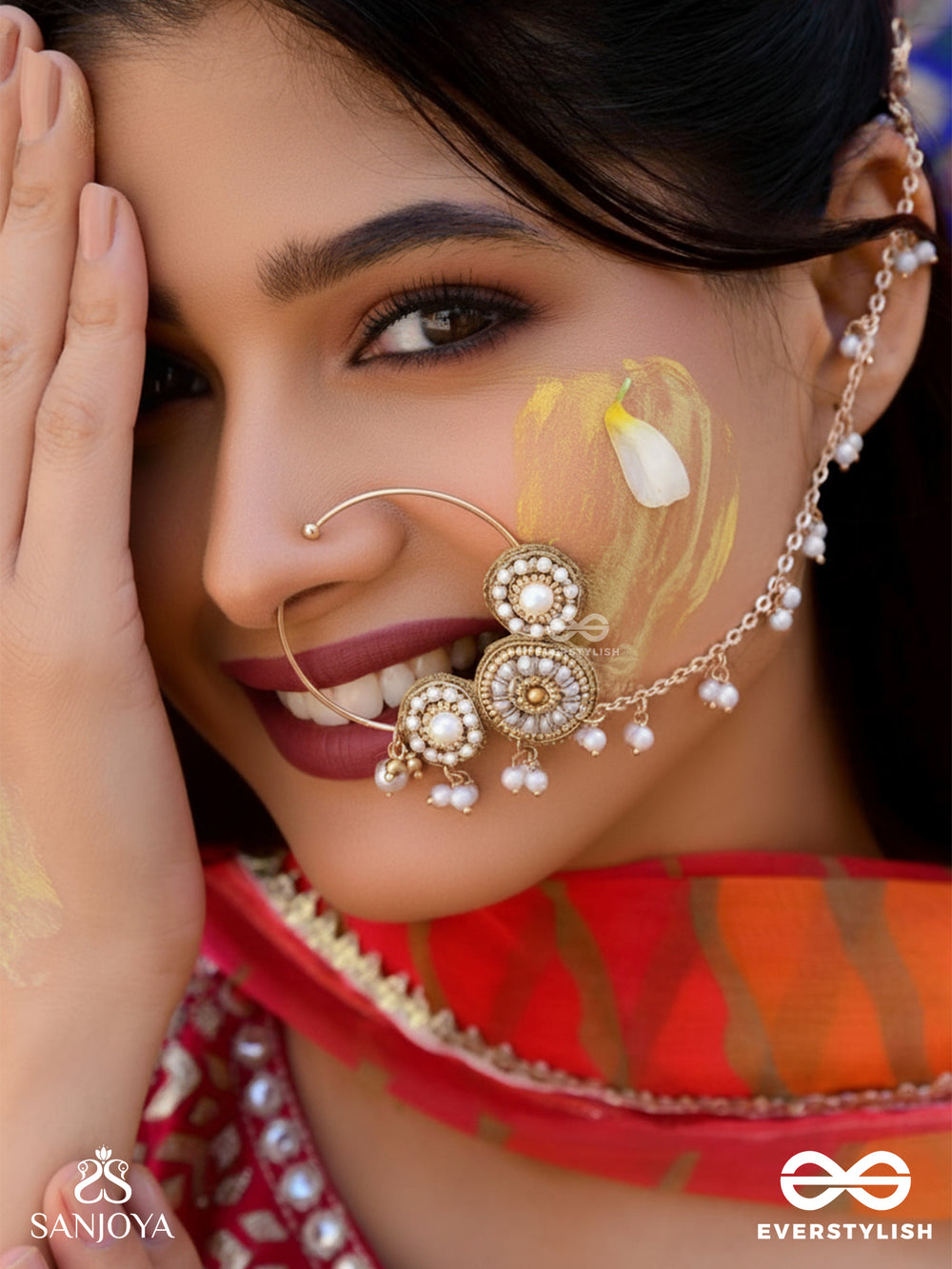 Haimavat - The Pearl Trail - Pearls And Beads Hand Embroidered Nath (Non-Piercing)