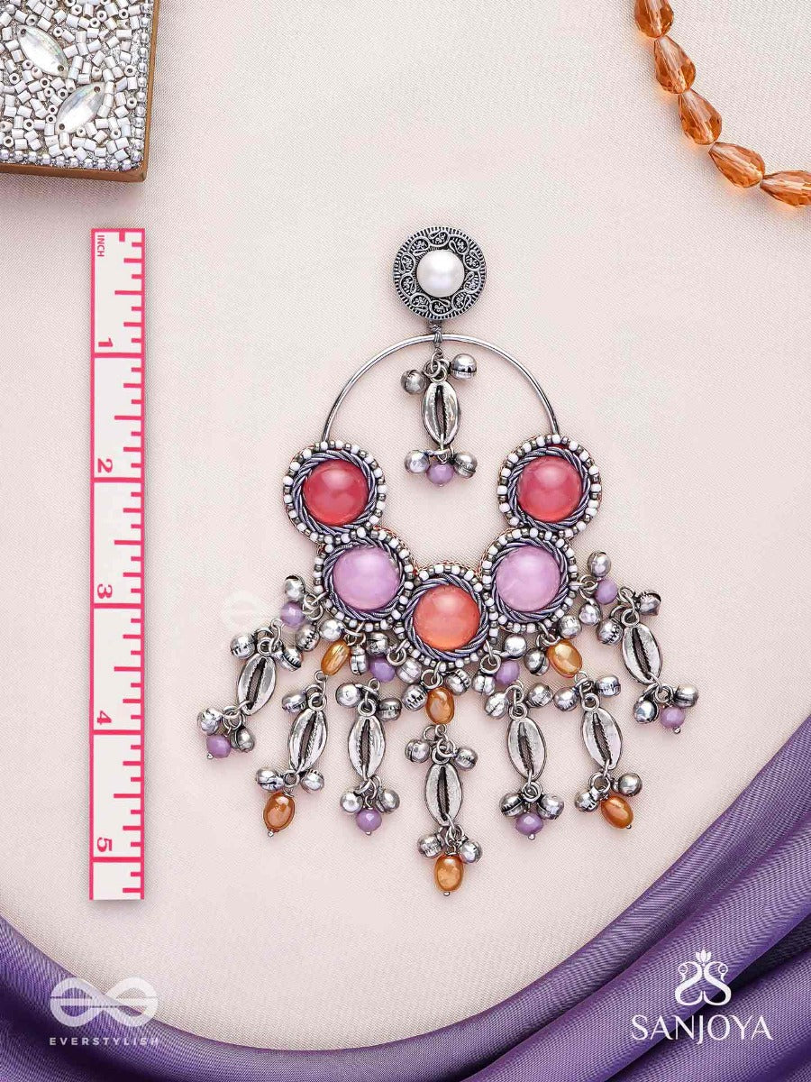 Durvarna - The Silvery Chimes - Beads, Shells And Glass Drops Hand Embroidered Earrings