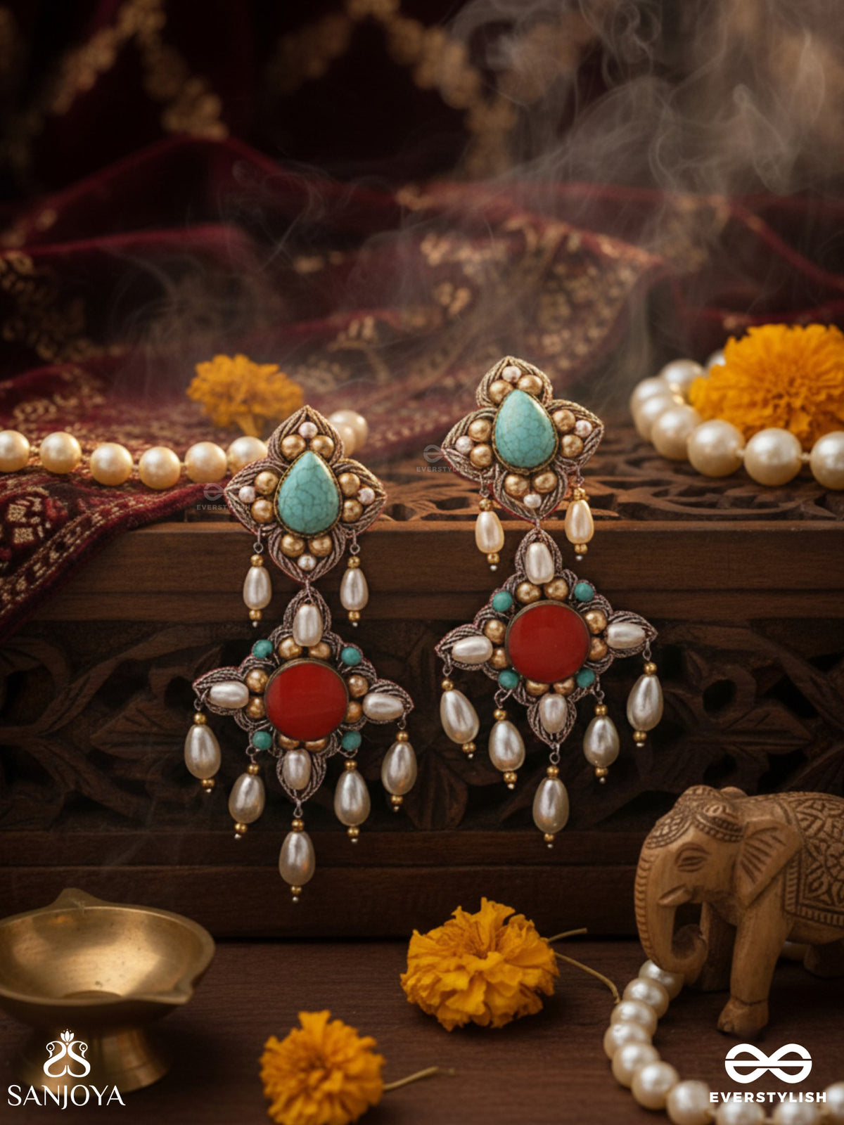 Kusumvat - The Blissful Flowers - Beads, Dabka And Pearl Drops Hand Embroidered Earrings