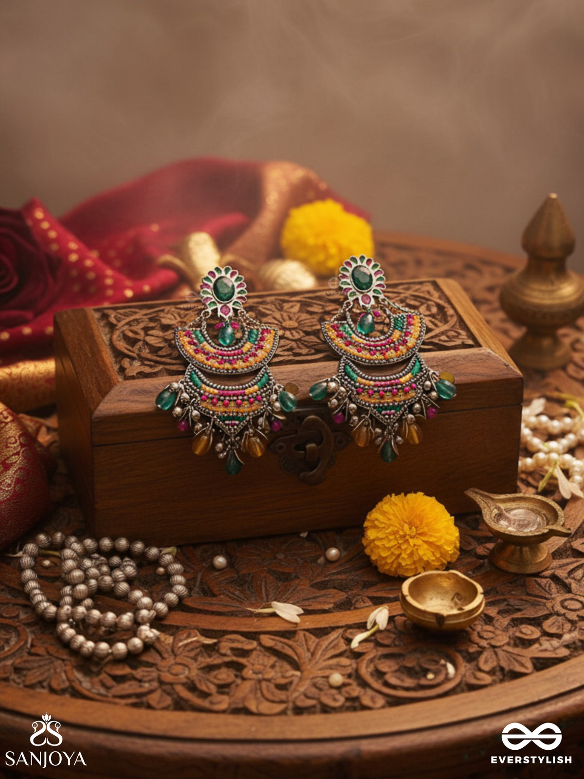 Gramik - The Rustic Royalty - Stone, Resham , Coins And Glass Drops Hand Embroidered Earrings