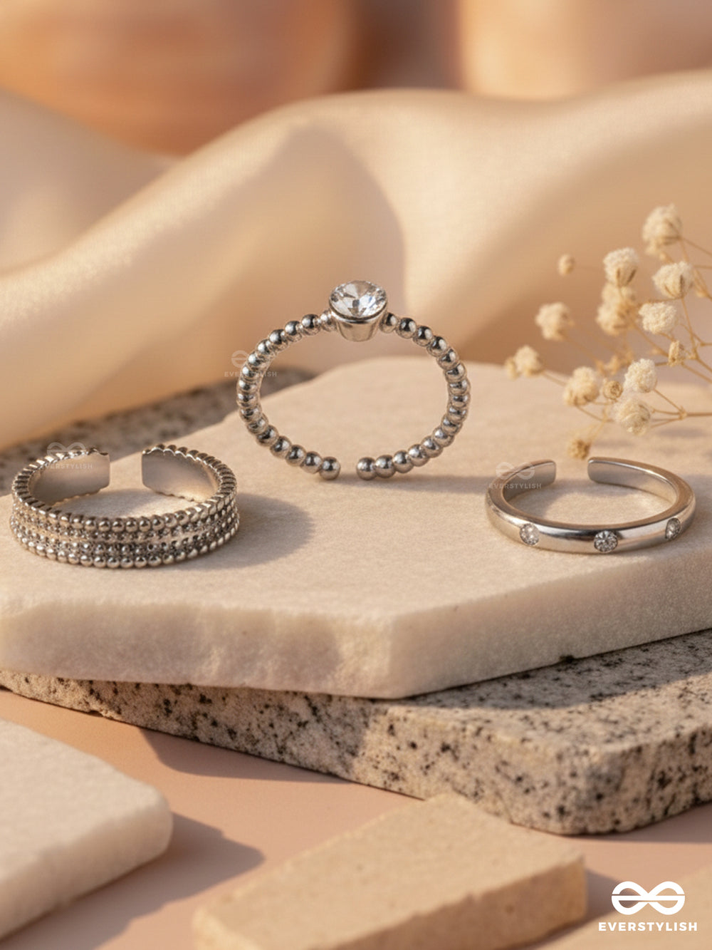 The Sterling Trio - Silver Cubic Zirconia Rings (Set Of 3 Adjustable)