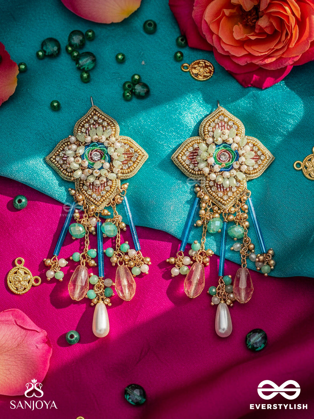 Parirapin - The Whispering Buds - Sequins, Beads And Glass Drops Hand Embroidered Earrings