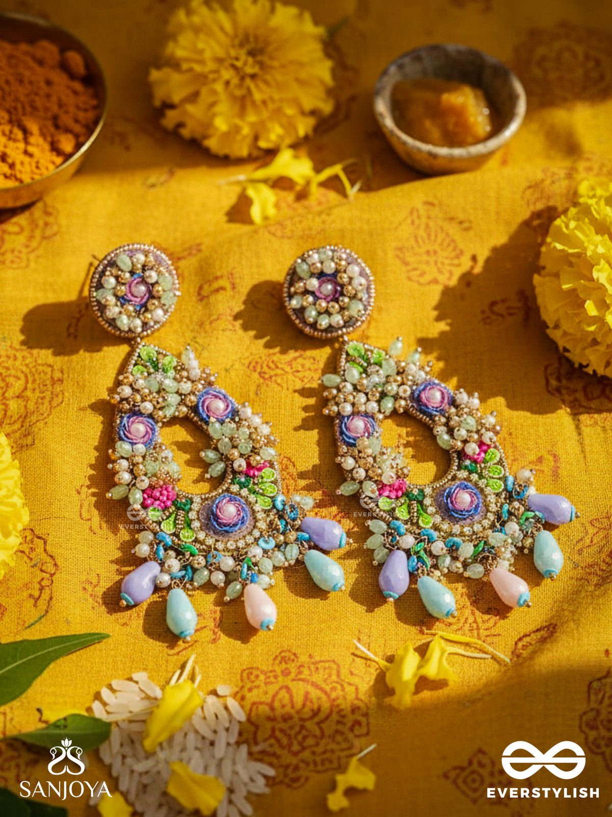 Manjusumana - Beautiful Blossom - Sequins, Beads And Glass Drops Hand Embroidered Earrings