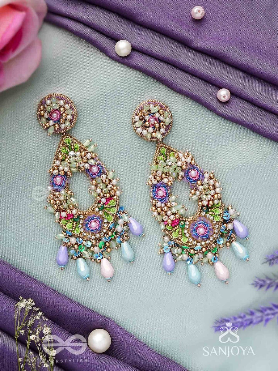 Manjusumana - Beautiful Blossom - Sequins, Beads And Glass Drops Hand Embroidered Earrings