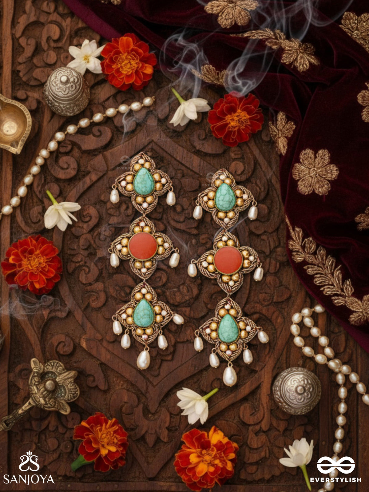 Bhritpushpa - The Floral Cascade - Beads, Dabka And Pearl Drops Hand Embroidered Earrings