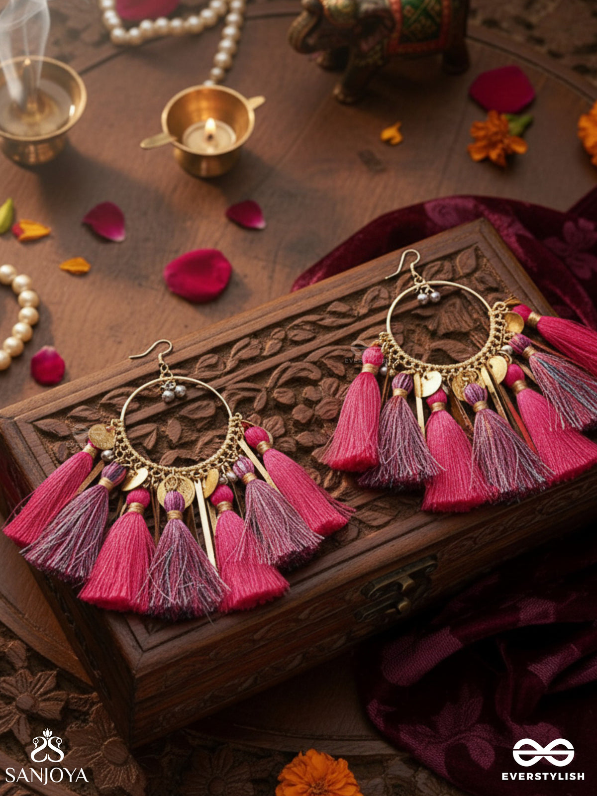 Aruniman - The Scarlet Melody - Resham, Coins And Beads Hand Embroidered Oxidised Hoop Earrings