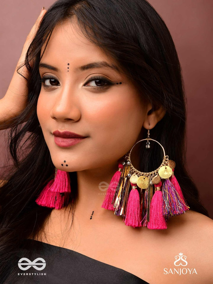 Aruniman - The Scarlet Melody - Resham, Coins And Beads Hand Embroidered Oxidised Hoop Earrings