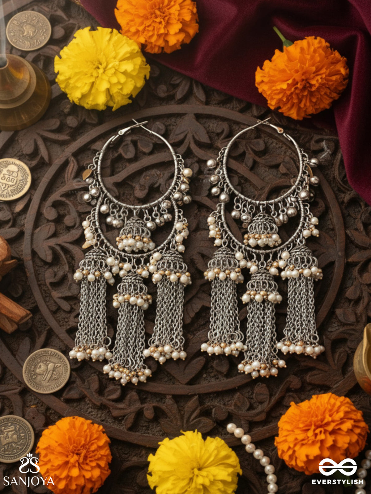 Sampravrisht - The Shimmery Rainfall - Beaded Oxidised Earrings