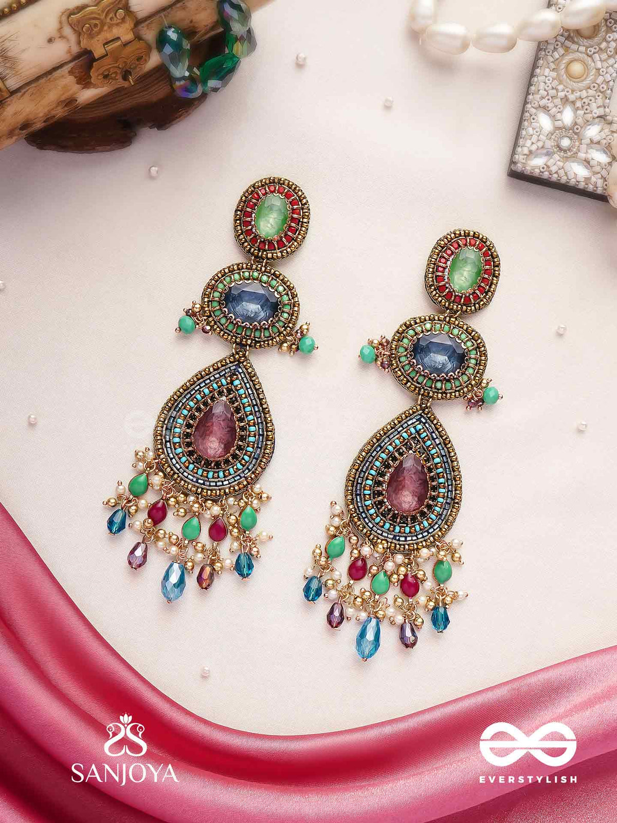 Adhirajani - The Night Stories - Stones, Beads And Glass Drops Hand Embroidered Earrings