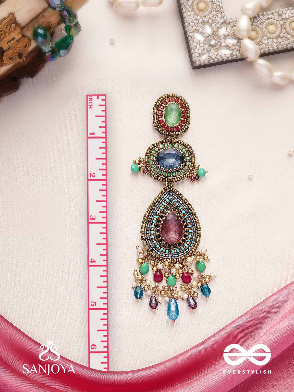 Adhirajani - The Night Stories - Stones, Beads And Glass Drops Hand Embroidered Earrings