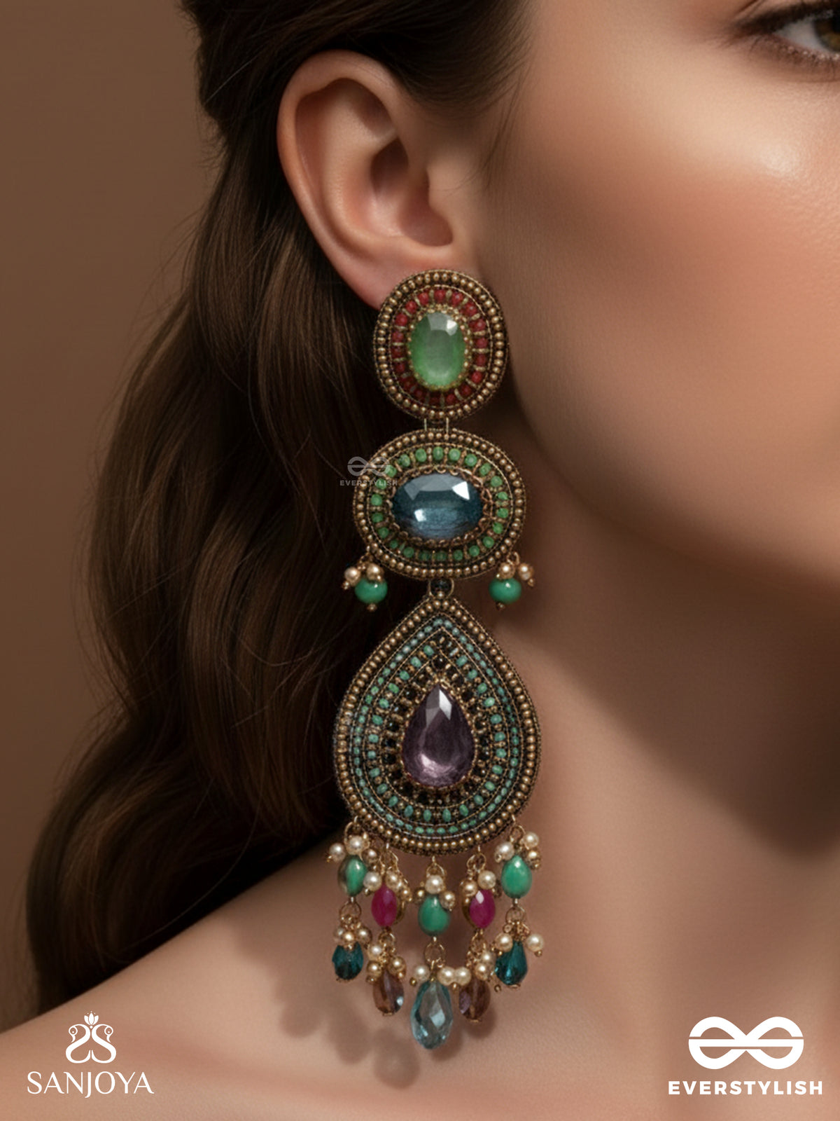 Adhirajani - The Night Stories - Stones, Beads And Glass Drops Hand Embroidered Earrings