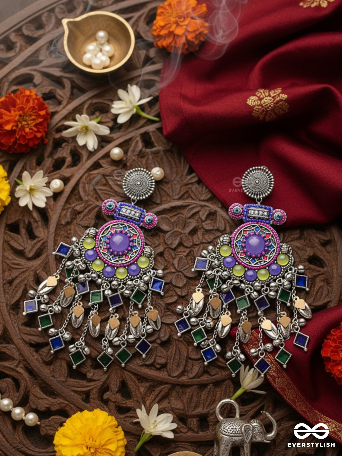 Bahushast - The Merry Sky - Beads And Shells Hand Embroidered Enamelled Oxidised Earrings
