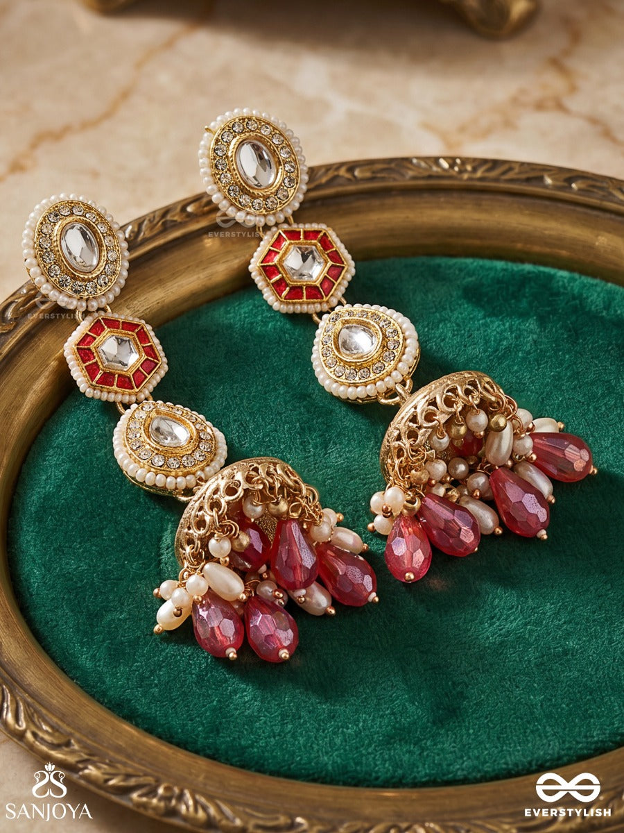 Suvarnmani - The Golden Gem -Golden Enamel Earrings Adorned With Gemstones And Dangling Beads