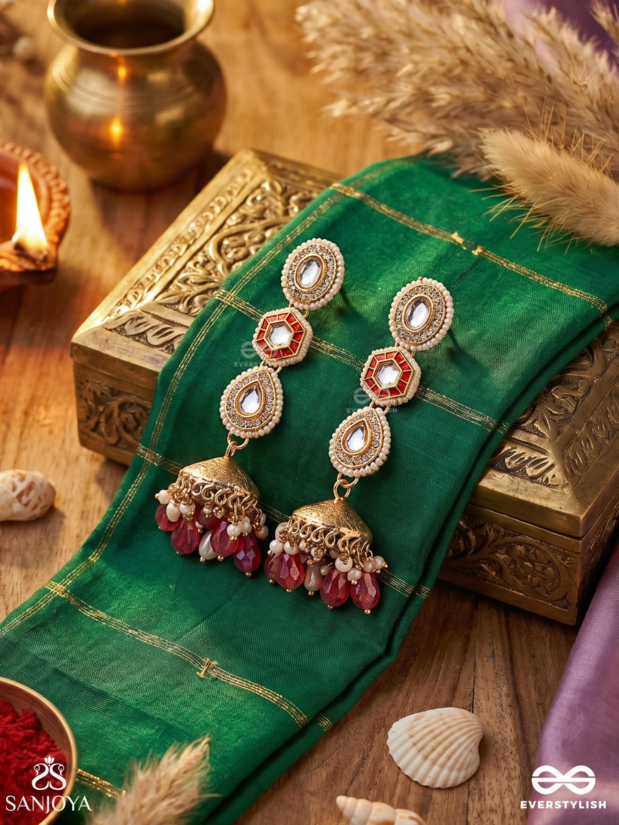 Suvarnmani - The Golden Gem -Golden Enamel Earrings Adorned With Gemstones And Dangling Beads
