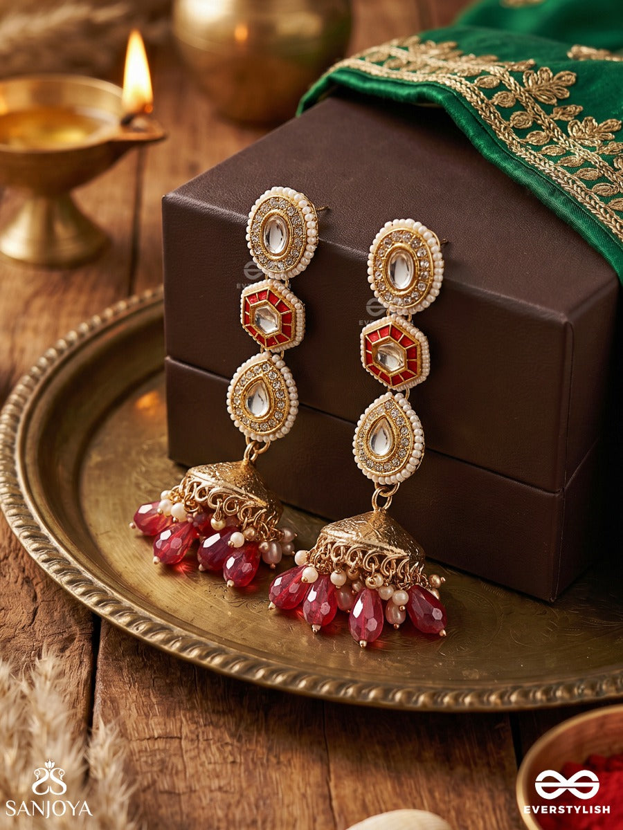 Suvarnmani - The Golden Gem -Golden Enamel Earrings Adorned With Gemstones And Dangling Beads