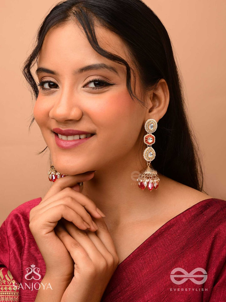 Suvarnmani - The Golden Gem -Golden Enamel Earrings Adorned With Gemstones And Dangling Beads