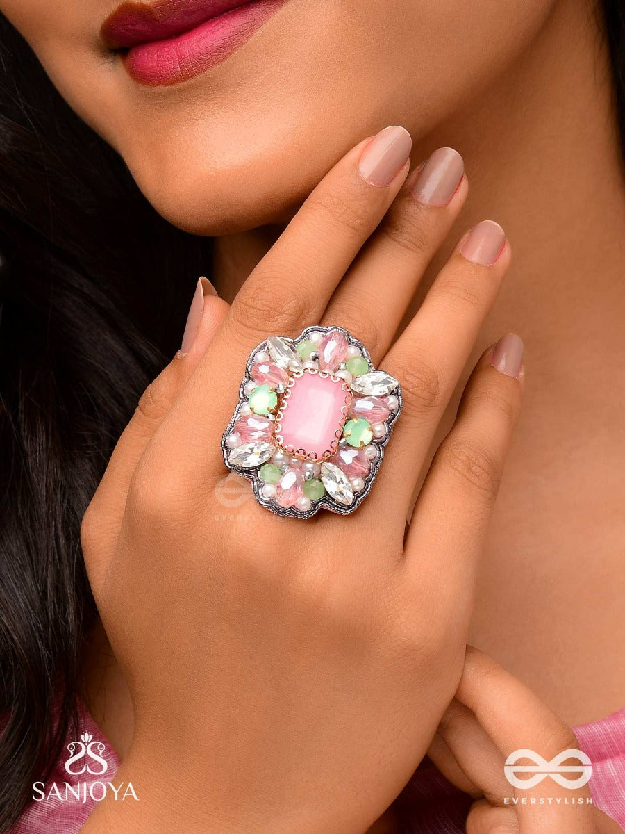 Sukratmani -Well-Crafted Gem -Hand Embroidered Pink Ring Embellished With Stones And Pearls