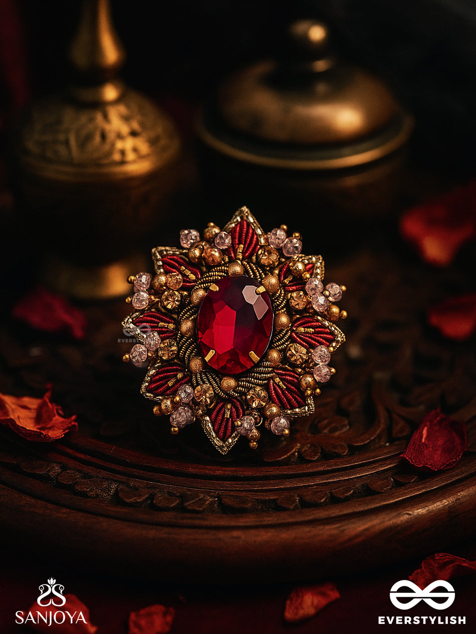 Prabha - The Radiant Red Daisy - Embroidered Flower Design With Central Red Stone And Beads