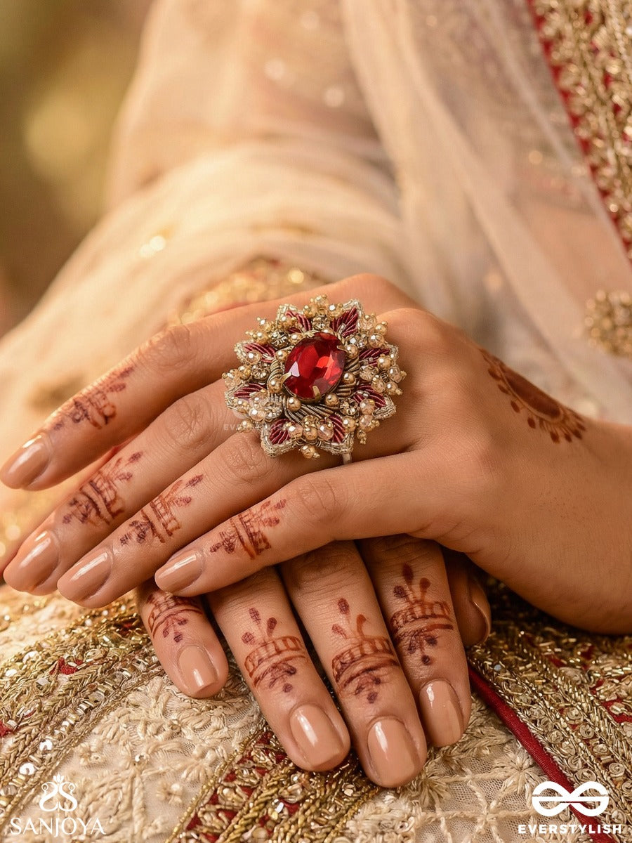 Prabha - The Radiant Red Daisy - Embroidered Flower Design With Central Red Stone And Beads