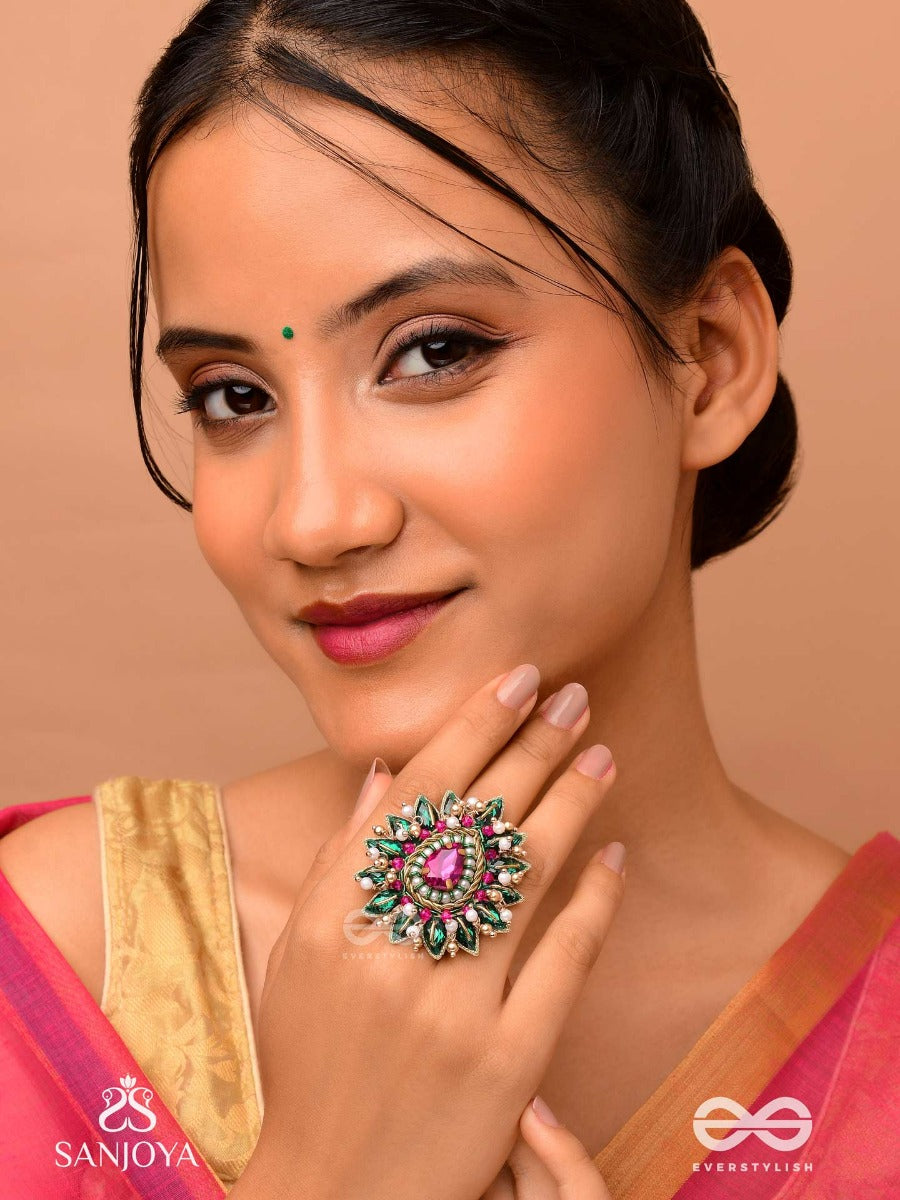 Kantara - The Charm Holder - Embroidered Flower Design With Purple Gemstone And Pearls