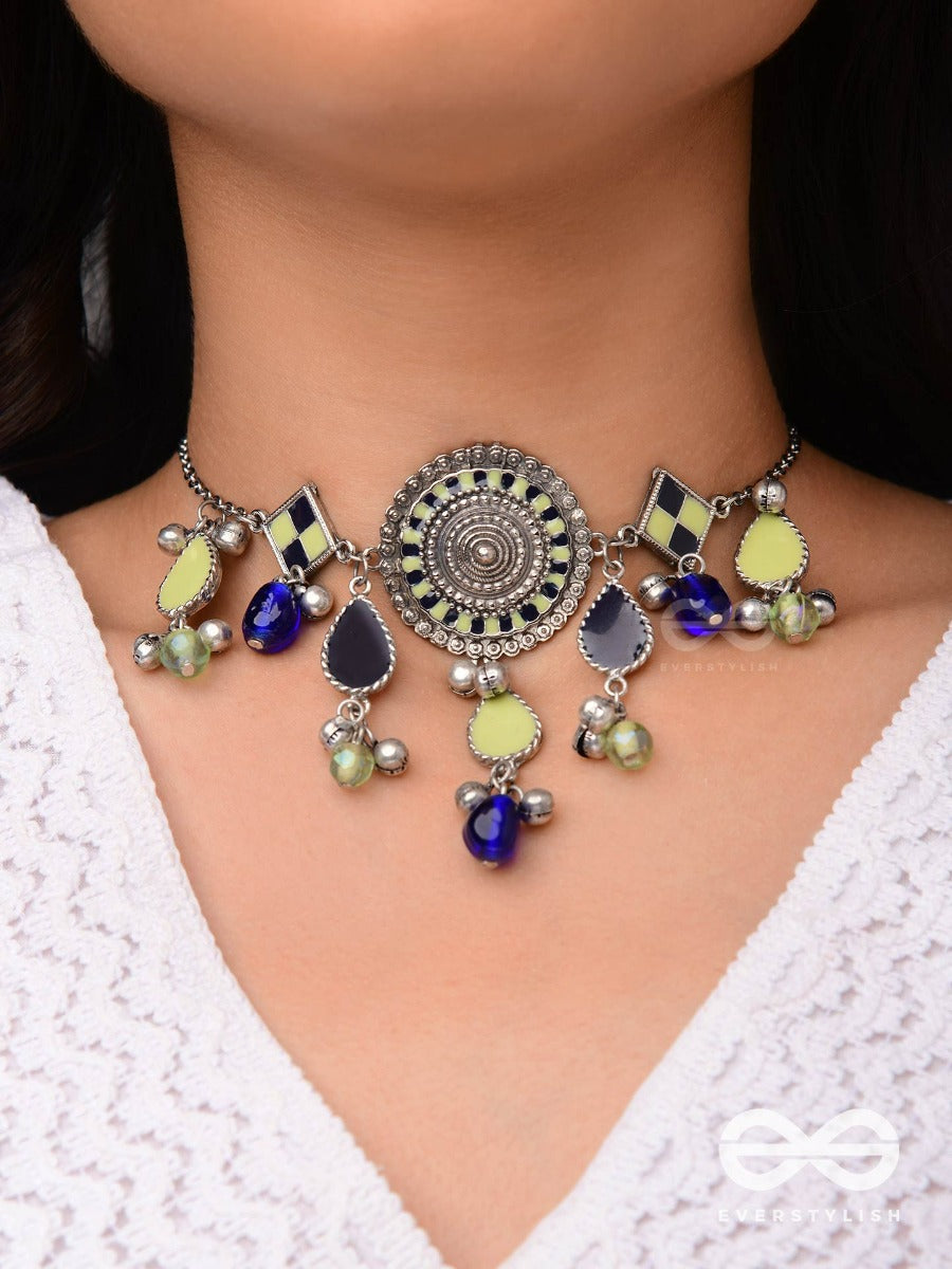The Blue Stone - Embellished Silver Oxidized Geometrical Motif Necklace