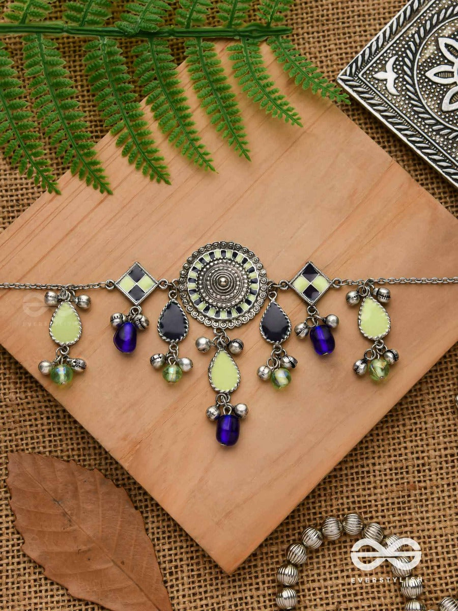 The Blue Stone - Embellished Silver Oxidized Geometrical Motif Necklace