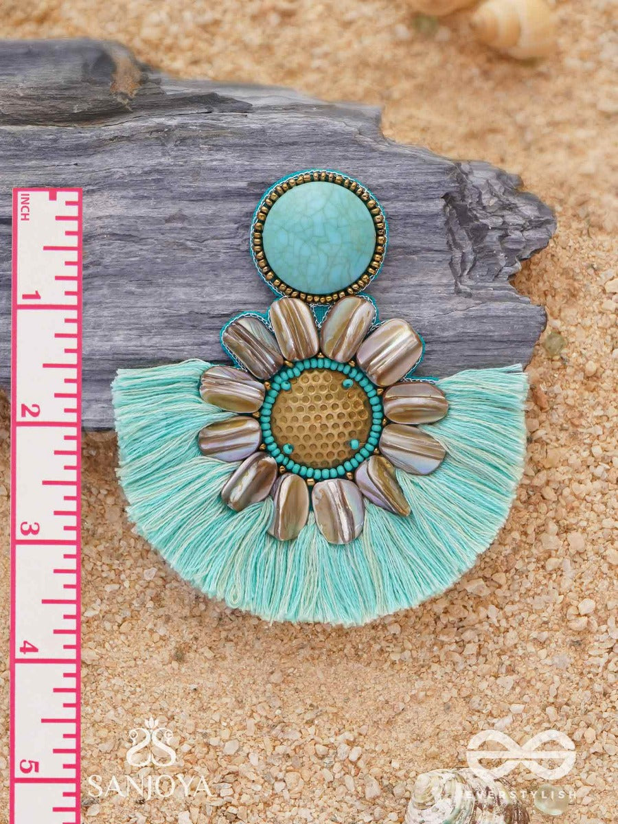 Vibhusitpuspa - The Adorned Flower - Embroidered Flower Earrings With Turquoise Tassles