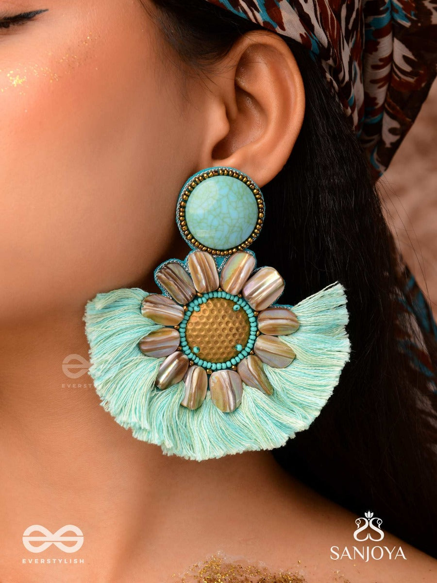 Vibhusitpuspa - The Adorned Flower - Embroidered Flower Earrings With Turquoise Tassles