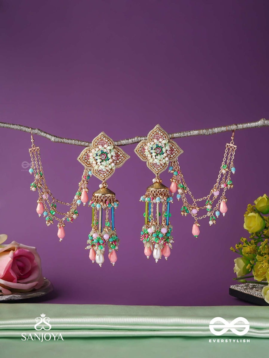 Manjusumana - Beautiful Blossom - Multiple Chain Earrings Embellished With Beadwork, A Flower Motif And Danglers