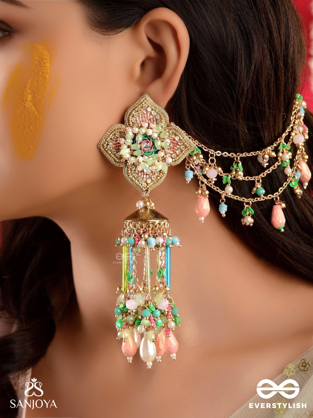 Manjusumana - Beautiful Blossom - Multiple Chain Earrings Embellished With Beadwork, A Flower Motif And Danglers