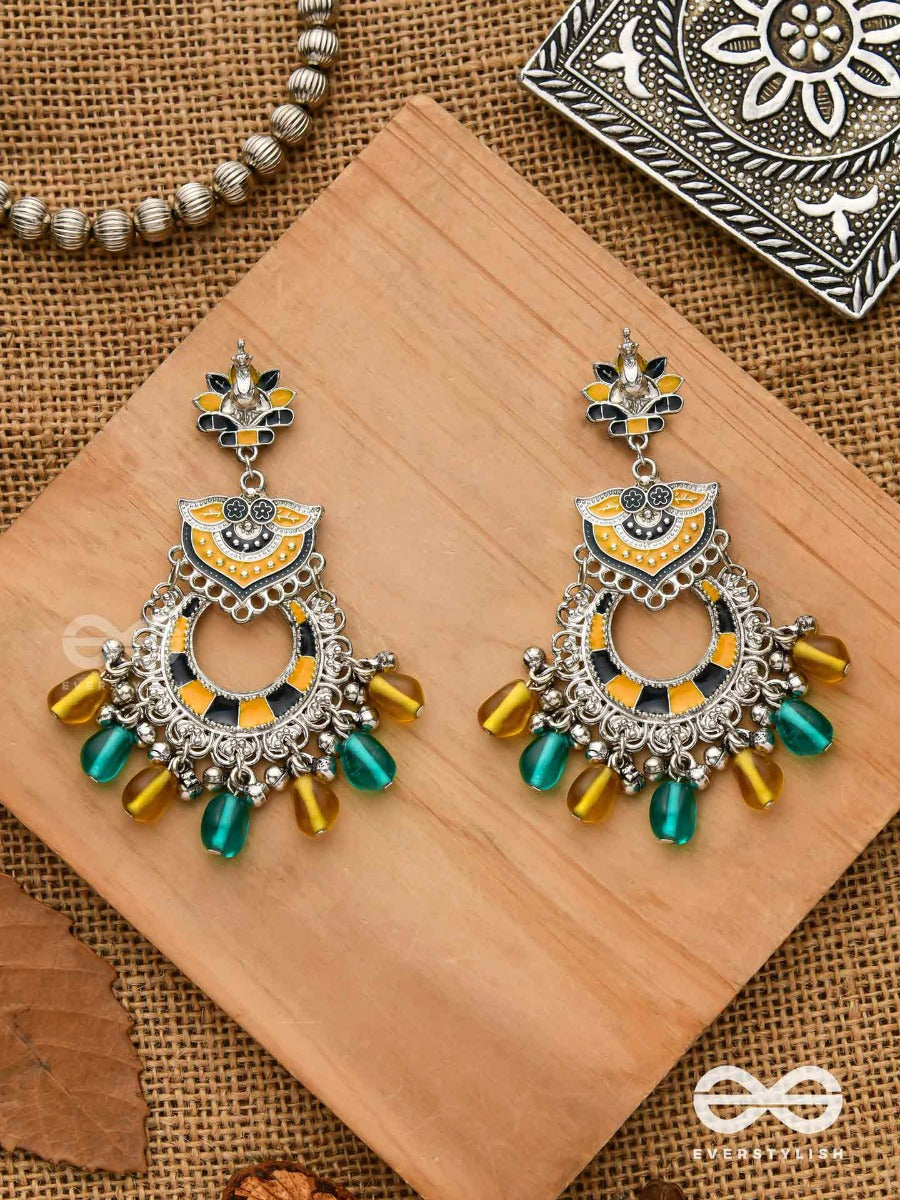 The Garland Of Gems - Statement Oxidized Jodhpuri Jhumkas With Beads