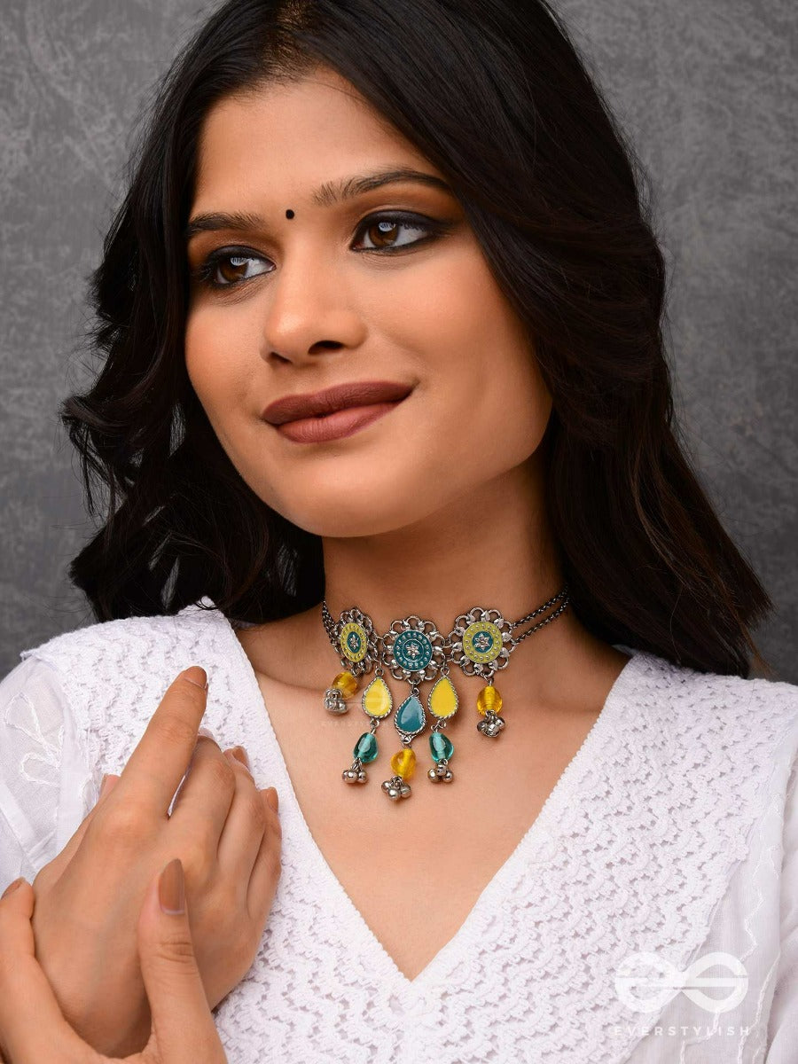 The Shades Of Earth - Floral Motifs With Blue And Yellow Stones