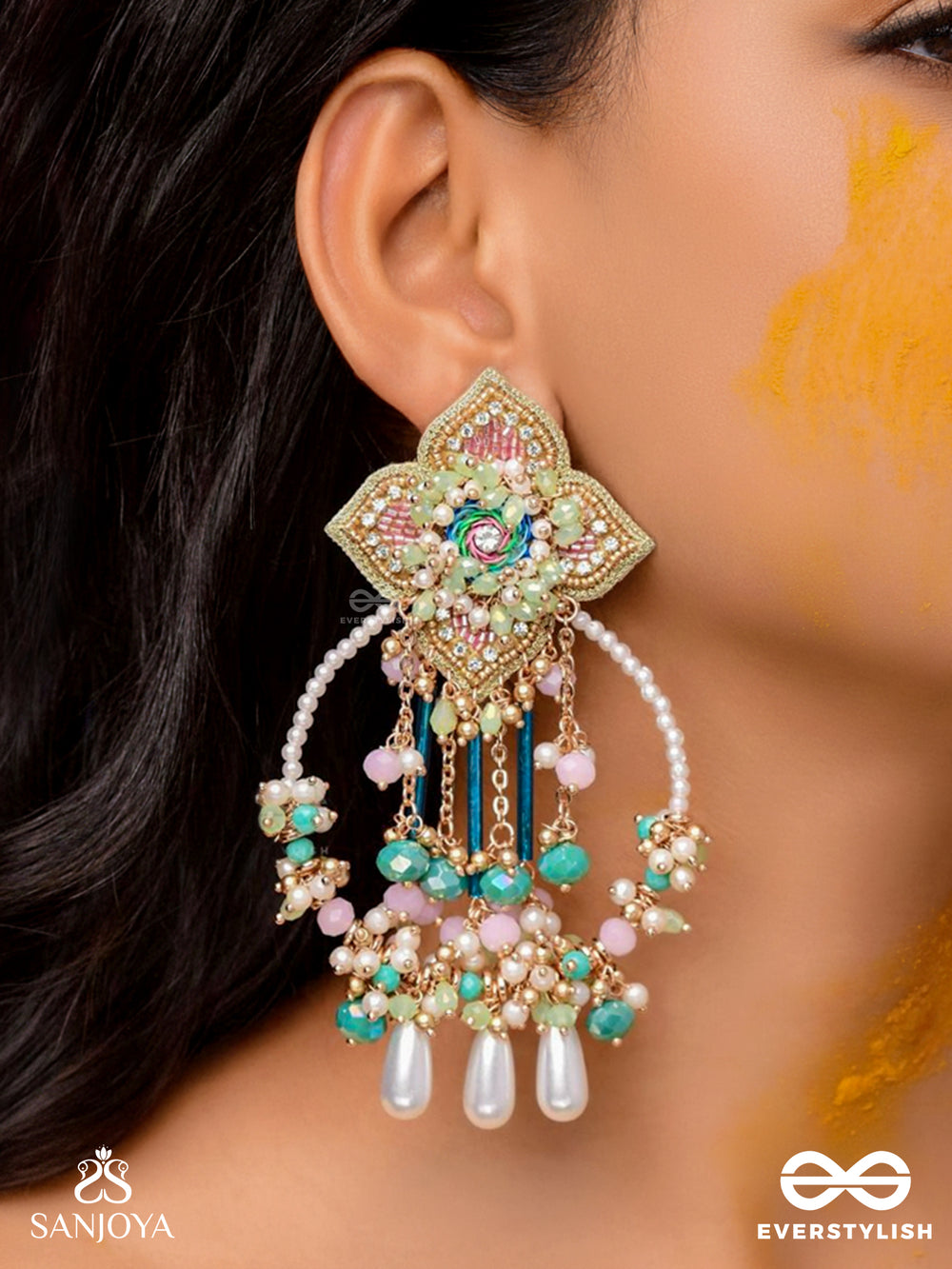 Vasudhara - The Flow Of Colours - Pastel Embroidered Earrings Adorned With Beads And Pearl Danglers