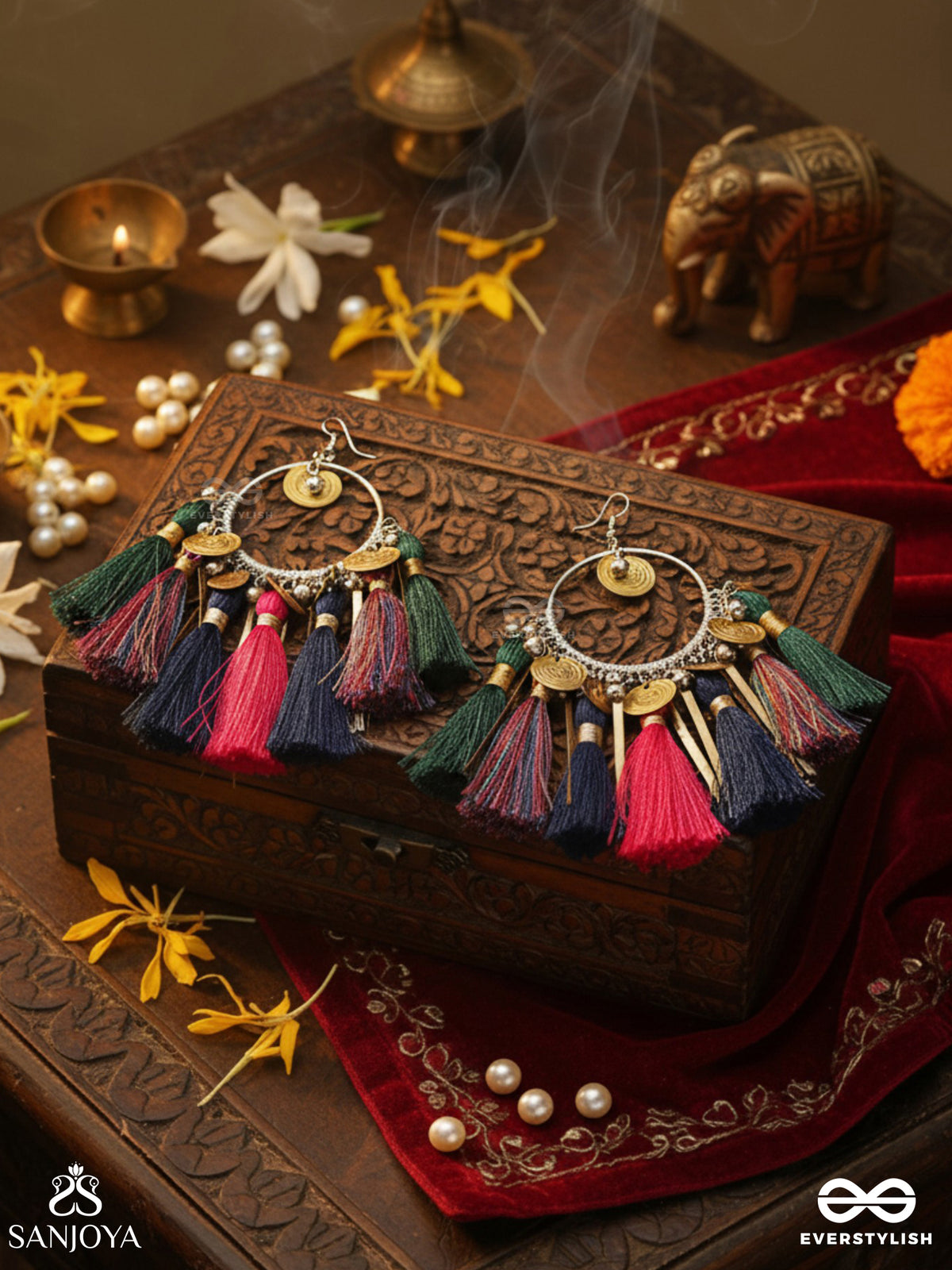 Rasika - The Power Of Aesthetics - Oxidized Hoops Decorated With Multicolour Tassels