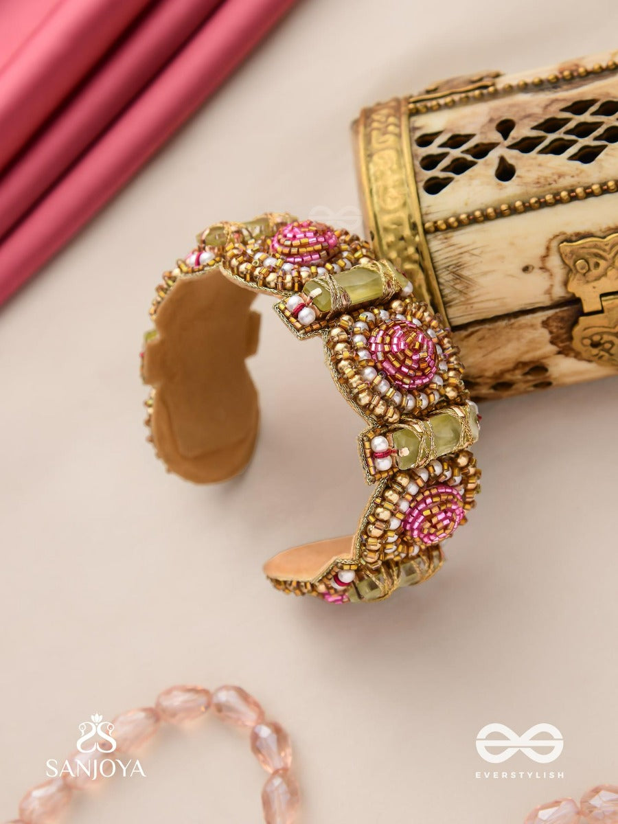 Manikarna - The Regal Gems - Pink And Golden Beads And Stones Embroidered Bracelet