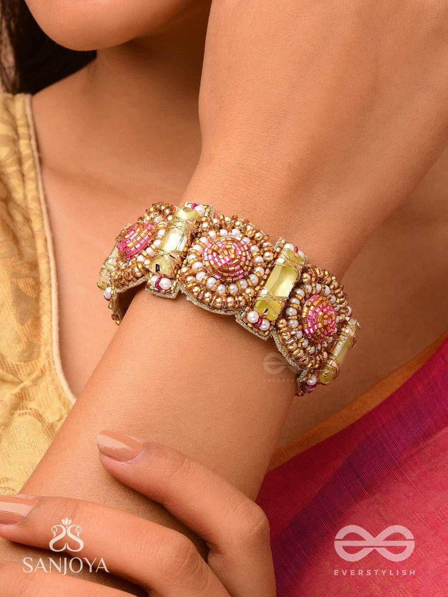 Manikarna - The Regal Gems - Pink And Golden Beads And Stones Embroidered Bracelet
