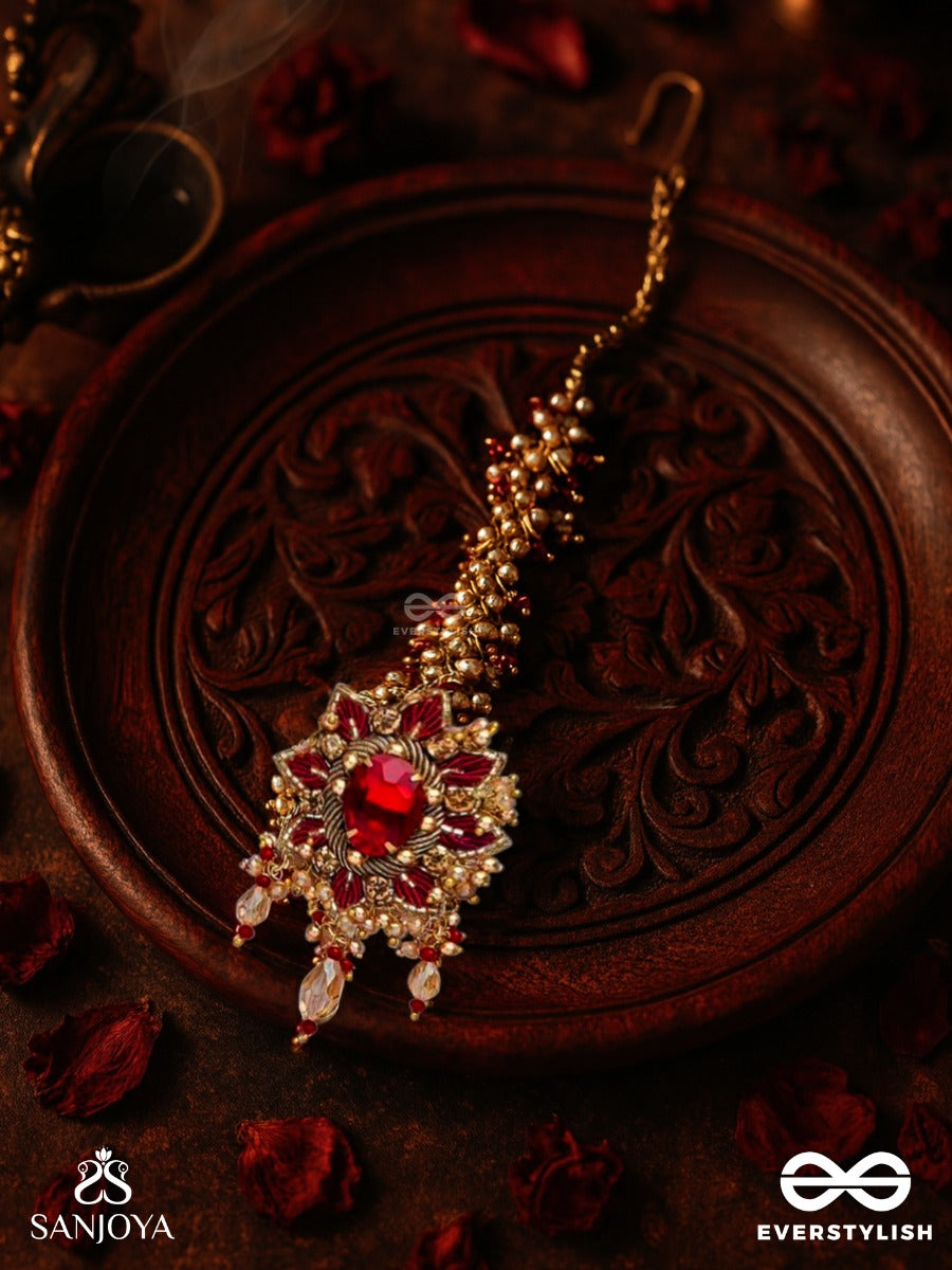 Kumudinikunda-Delicate Lotus-Embroidered Hair Accessory With A Red Stone & Golden Embellishments