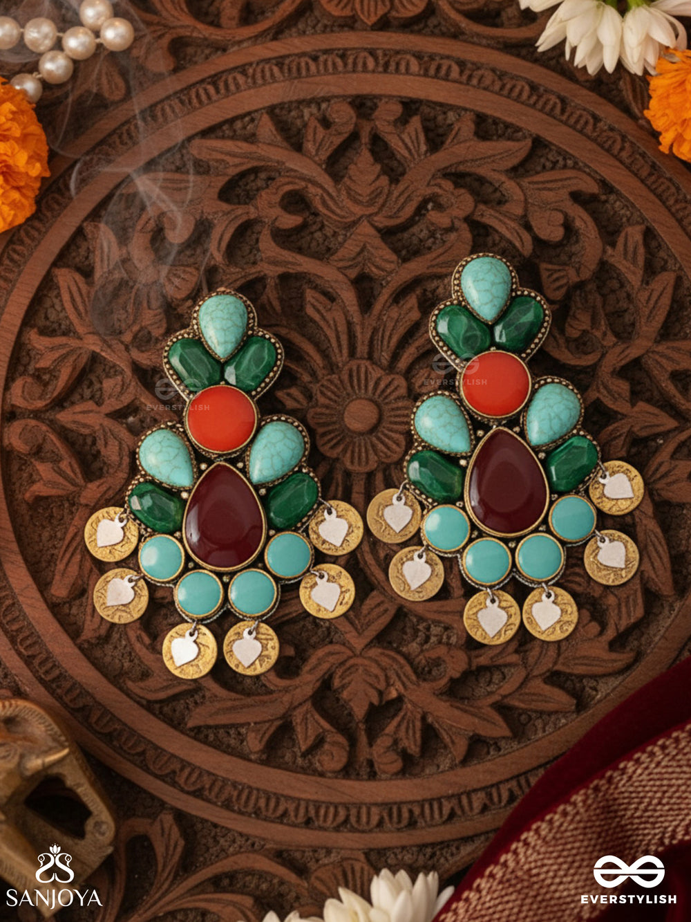 Vikrtisila- Elegant Form-Chunky Blue, Green, And Rust-Colored Stones With A Distinctive Golden-Silver Leaflet Design
