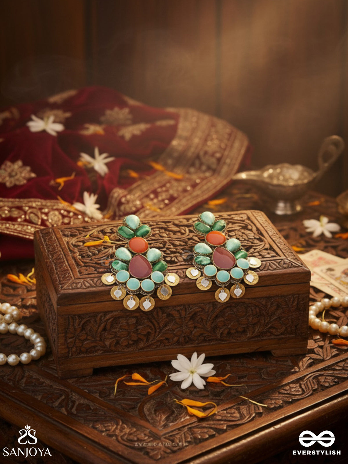 Vikrtisila- Elegant Form-Chunky Blue, Green, And Rust-Colored Stones With A Distinctive Golden-Silver Leaflet Design