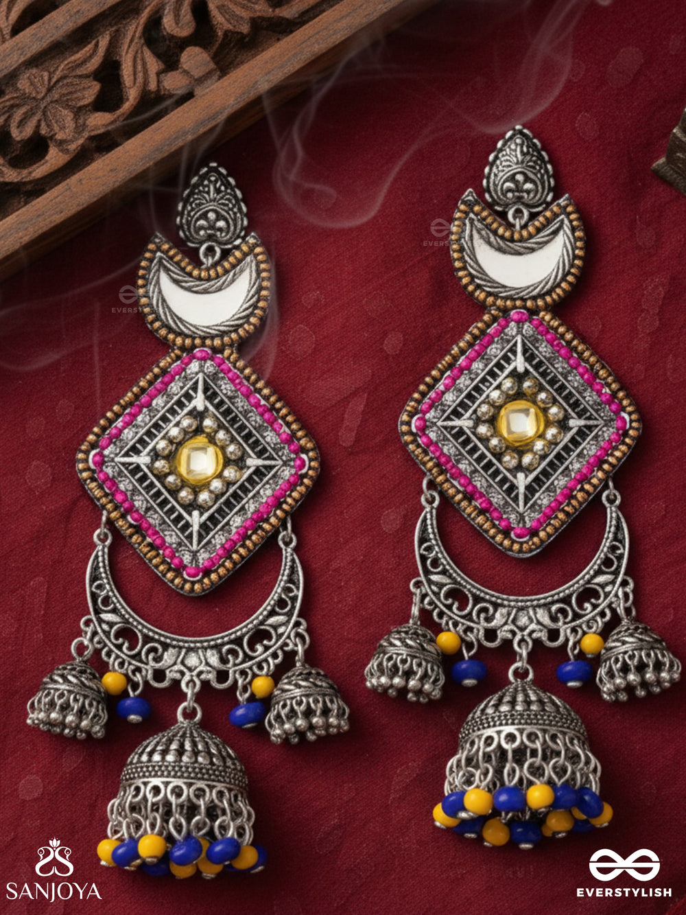 Chandrakanta-Moonstone Earrings-Statement Oxidised Jhumkas With Mirror, Beads And Thread Work